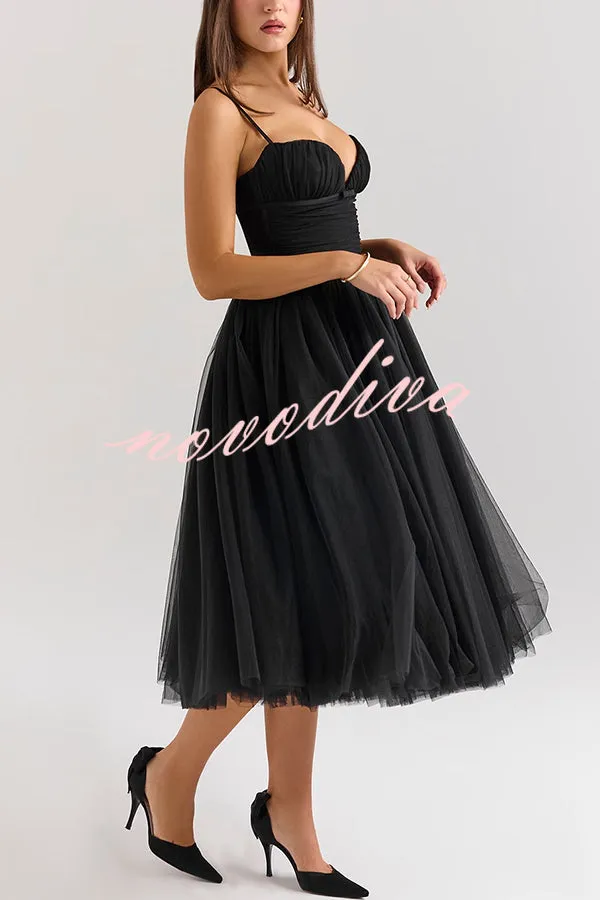 Royal Treatment Tulle Bows Detail Ruched Slip Midi Dress