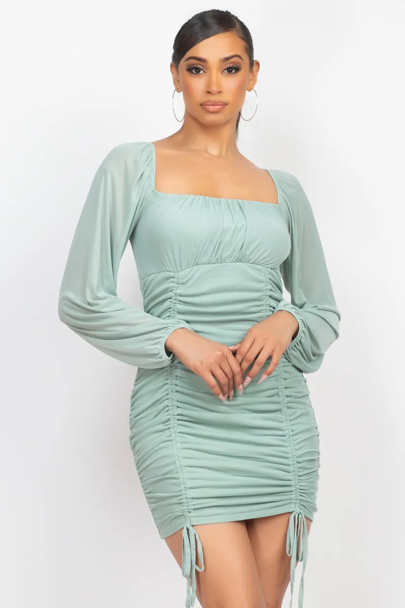 Ruched Square Neck Mesh Sleeve Dress