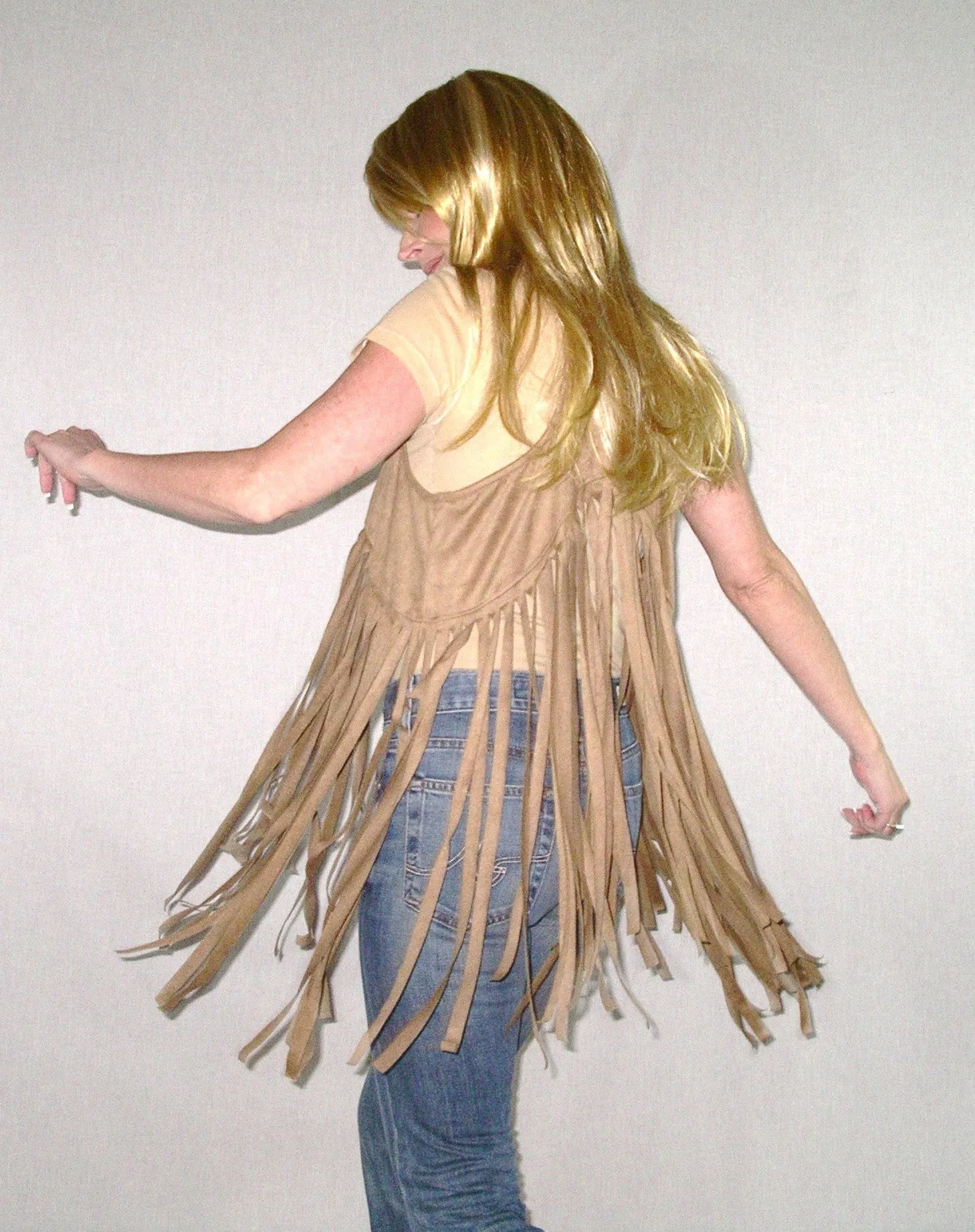 SALE 50% OFF Tan Suede Long Fringe Hippie Vest Super Soft Boho Vegan Leather Camel Poly Spandex Racerback Small Medium Or Large