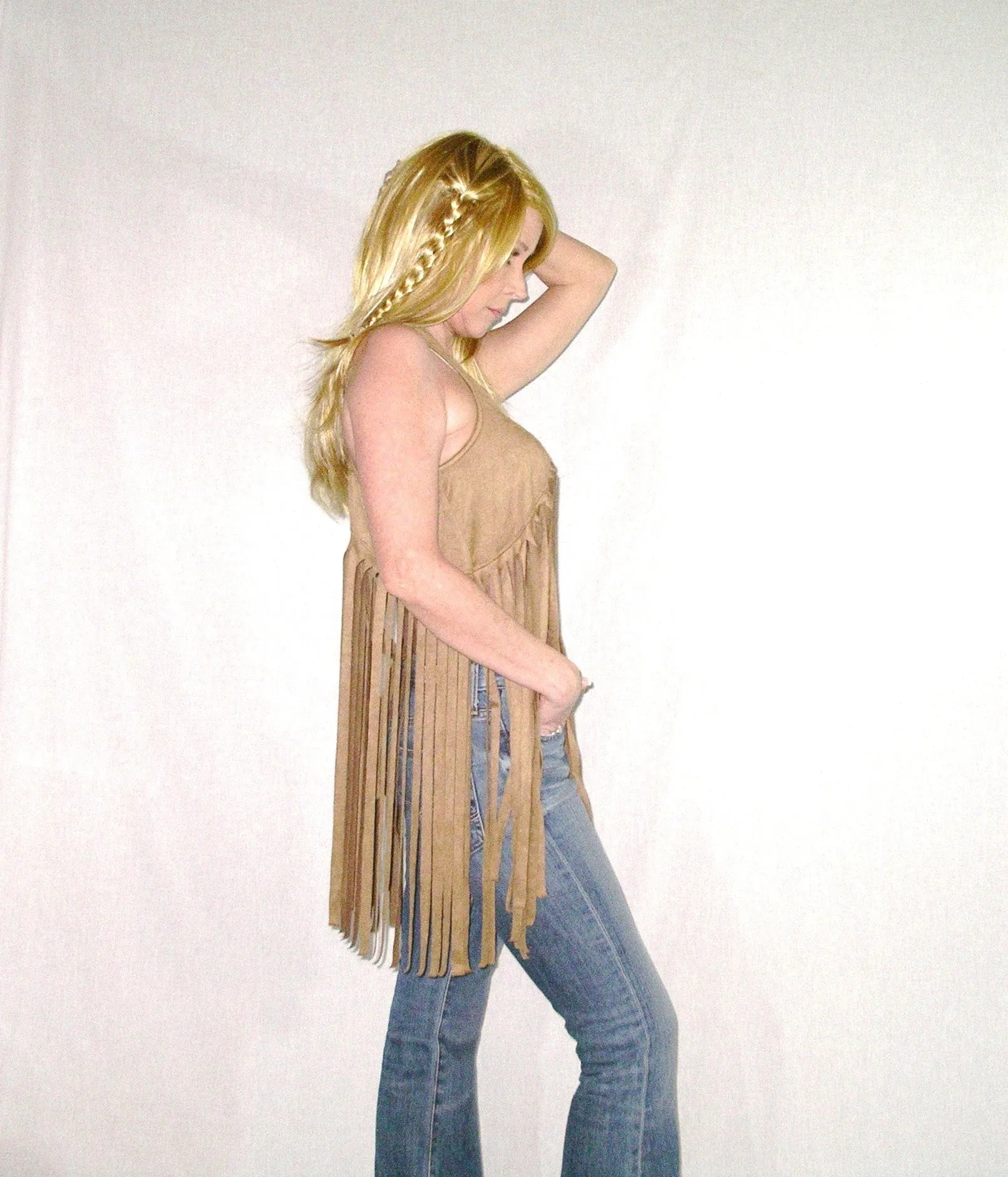 SALE 50% OFF Tan Suede Long Fringe Hippie Vest Super Soft Boho Vegan Leather Camel Poly Spandex Racerback Small Medium Or Large