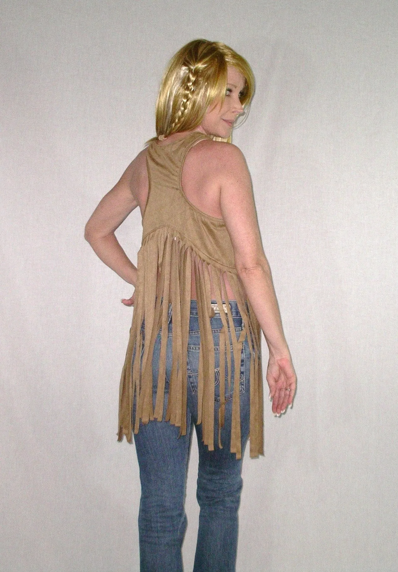 SALE 50% OFF Tan Suede Long Fringe Hippie Vest Super Soft Boho Vegan Leather Camel Poly Spandex Racerback Small Medium Or Large