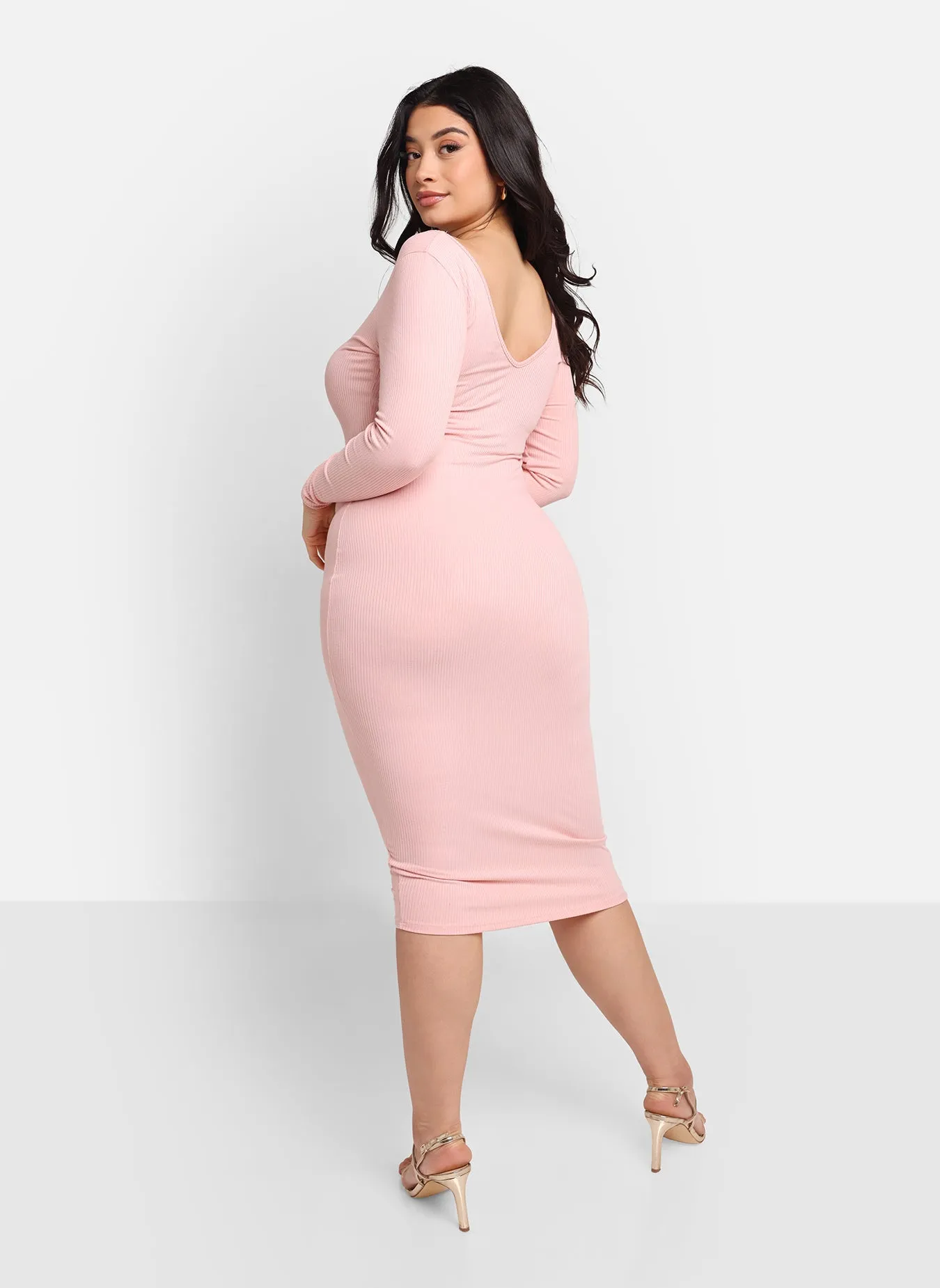 Santana Ribbed Off Shoulder Midi Bodycon Dress - Light Pink