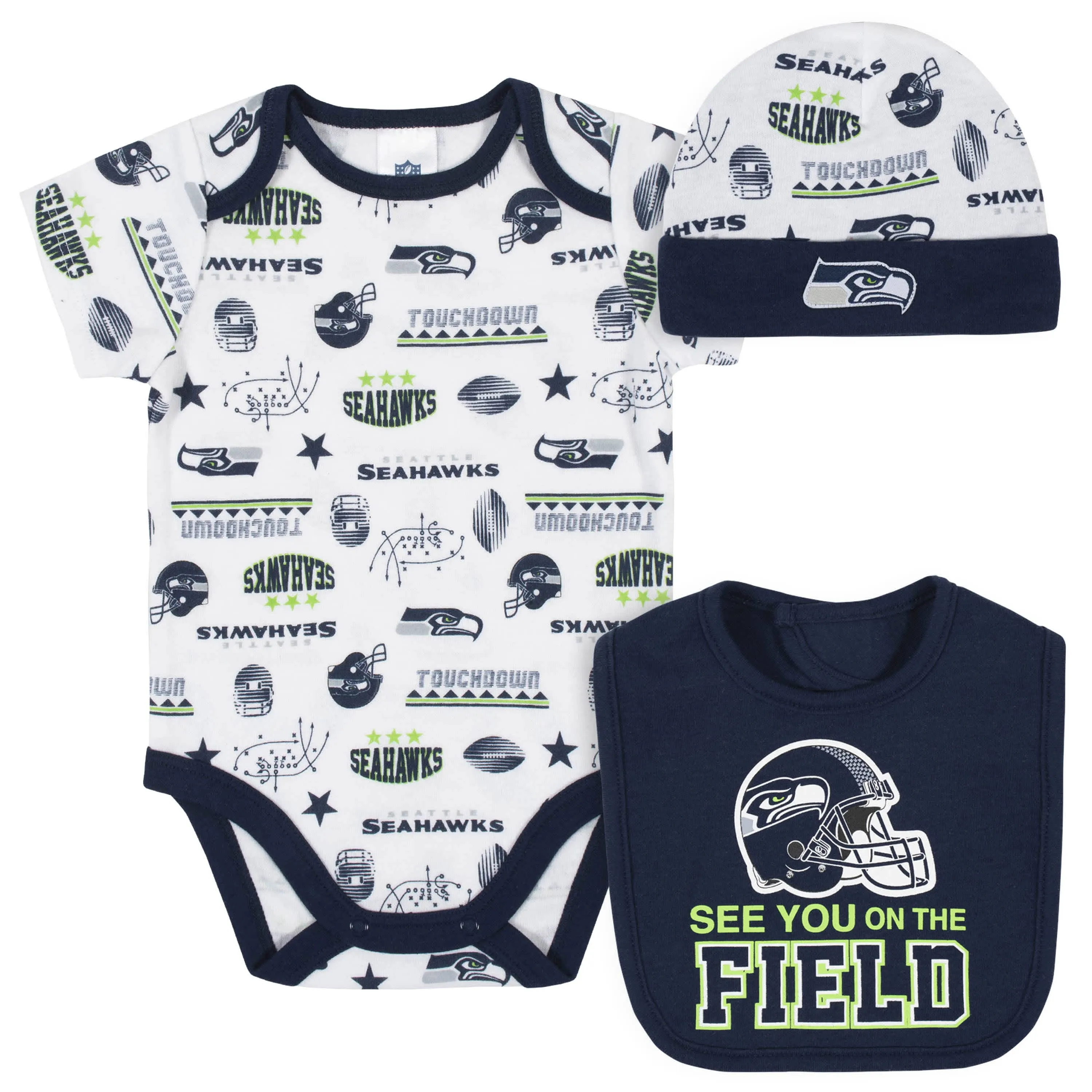 Seattle Seahawks 3-Piece Baby Boys Bodysuit, Bib, and Cap Set