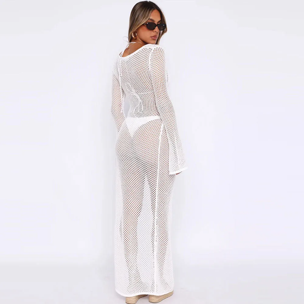 Sexy Tie Neck Cutout Bell Sleeve Split See Through Crochet Knit Maxi Dress