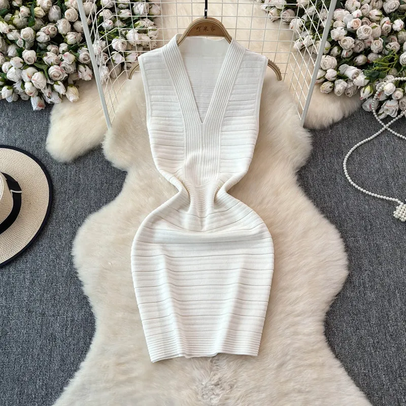 Sexy V-neck Knitted Vest Dress