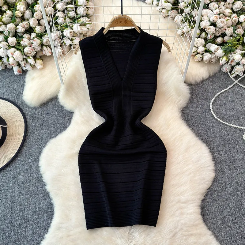 Sexy V-neck Knitted Vest Dress