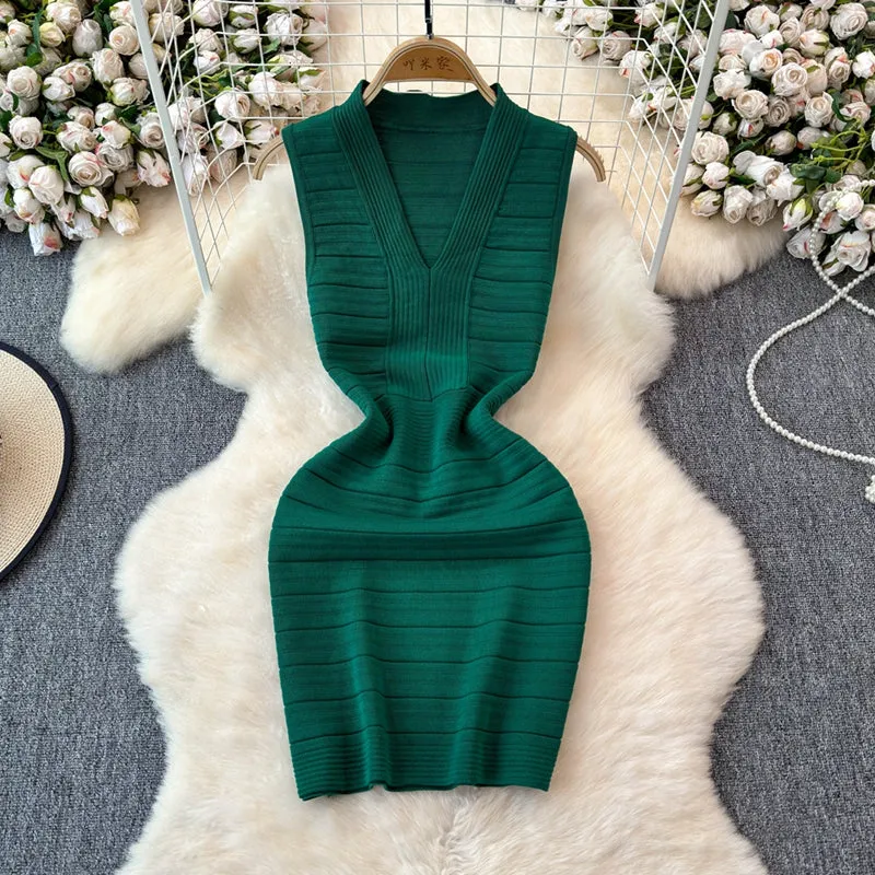 Sexy V-neck Knitted Vest Dress