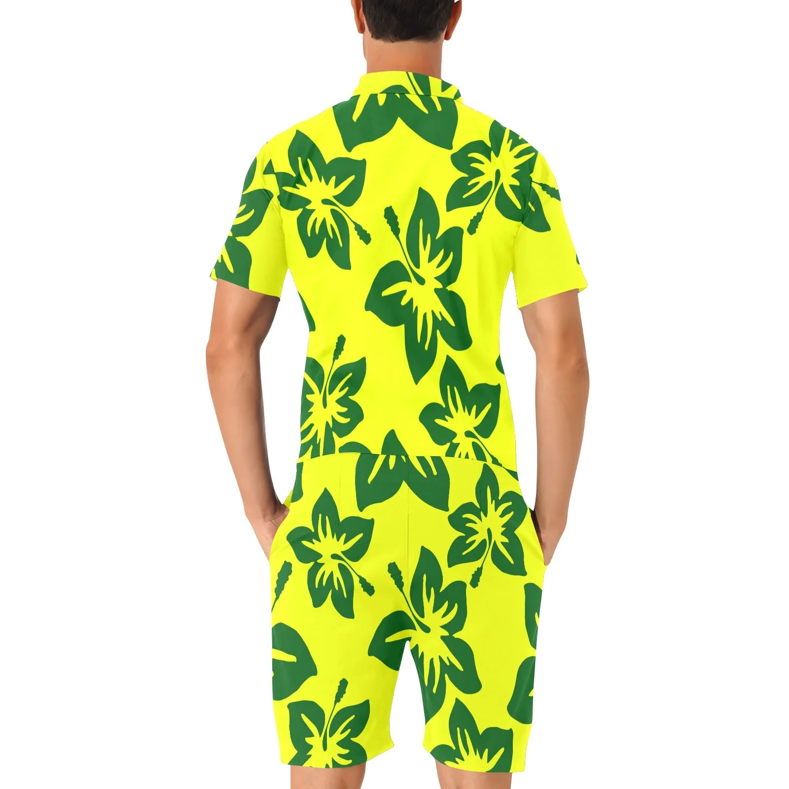 Sixty Eight 93 Logo White Hibiscus Forest Green & Yellow Men's Short Sleeve Jumpsuit