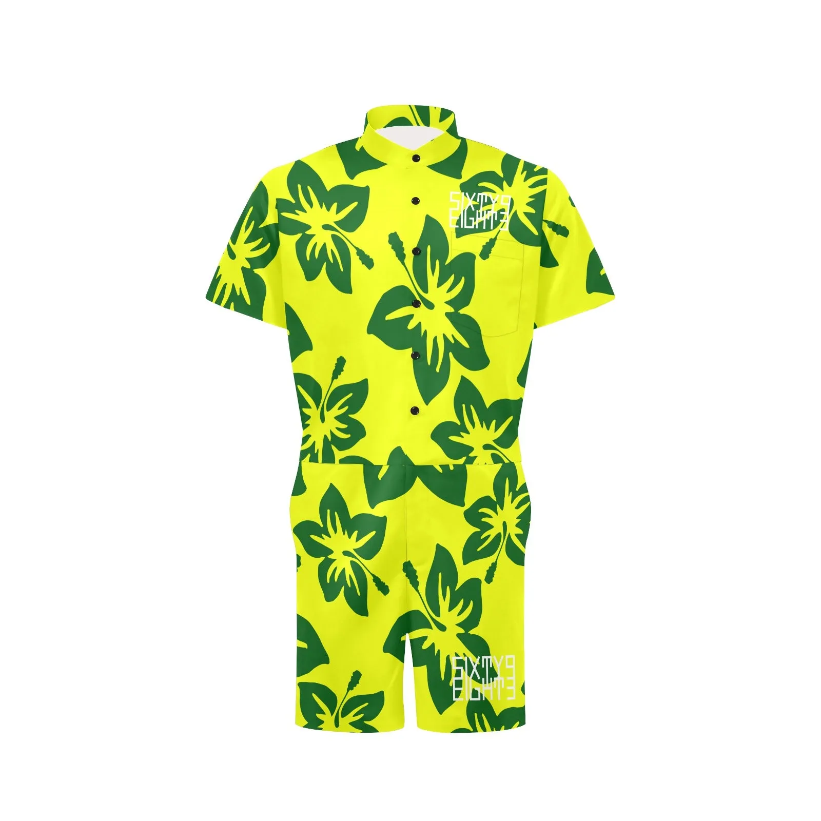 Sixty Eight 93 Logo White Hibiscus Forest Green & Yellow Men's Short Sleeve Jumpsuit