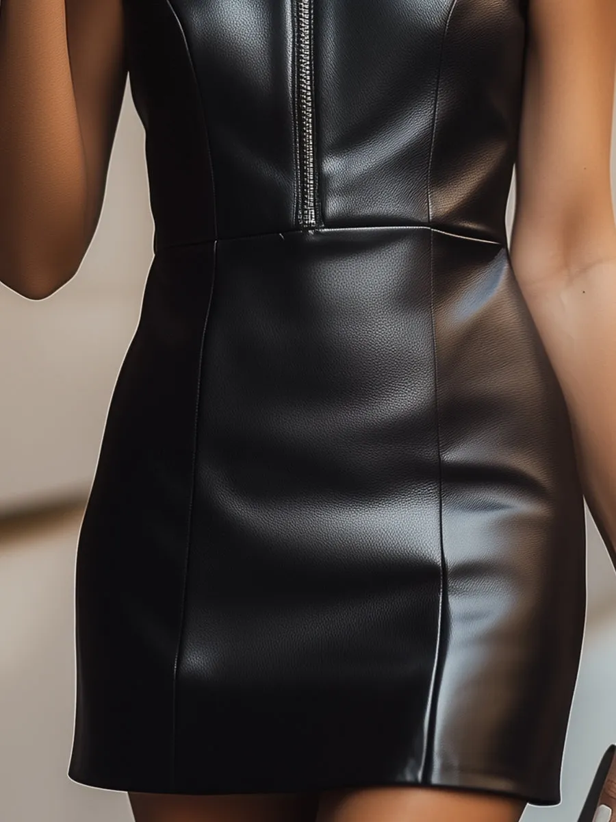 Sleek Black Faux Leather Mini Dress with Zipper Front