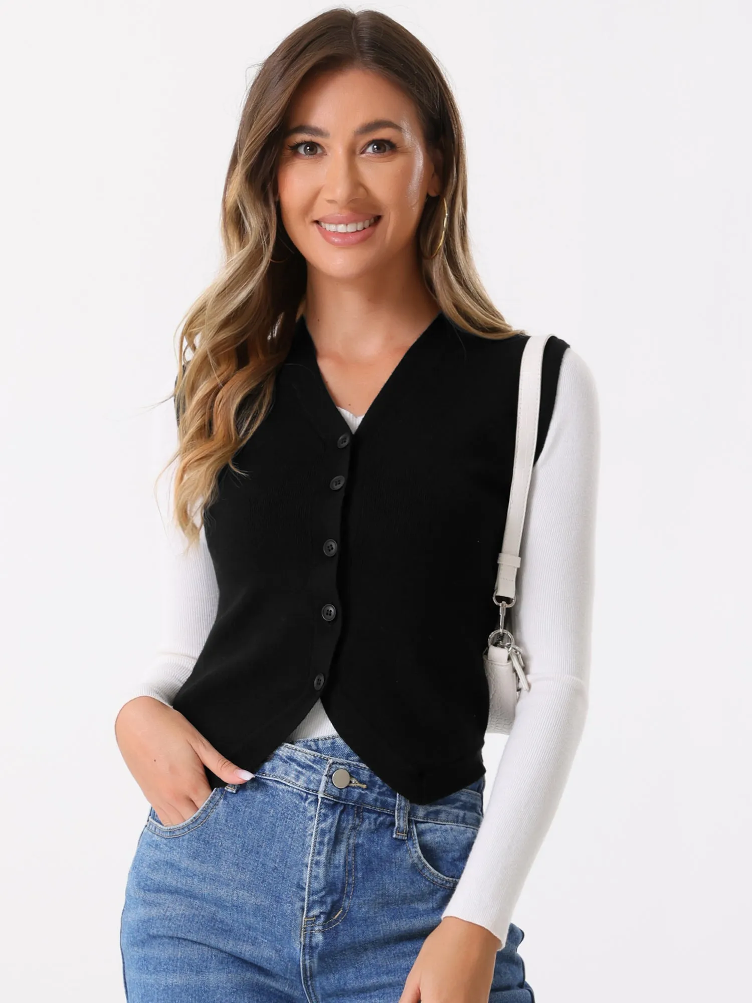 Sleeveless Button Up Casual Knitted Cropped Sweater Vest