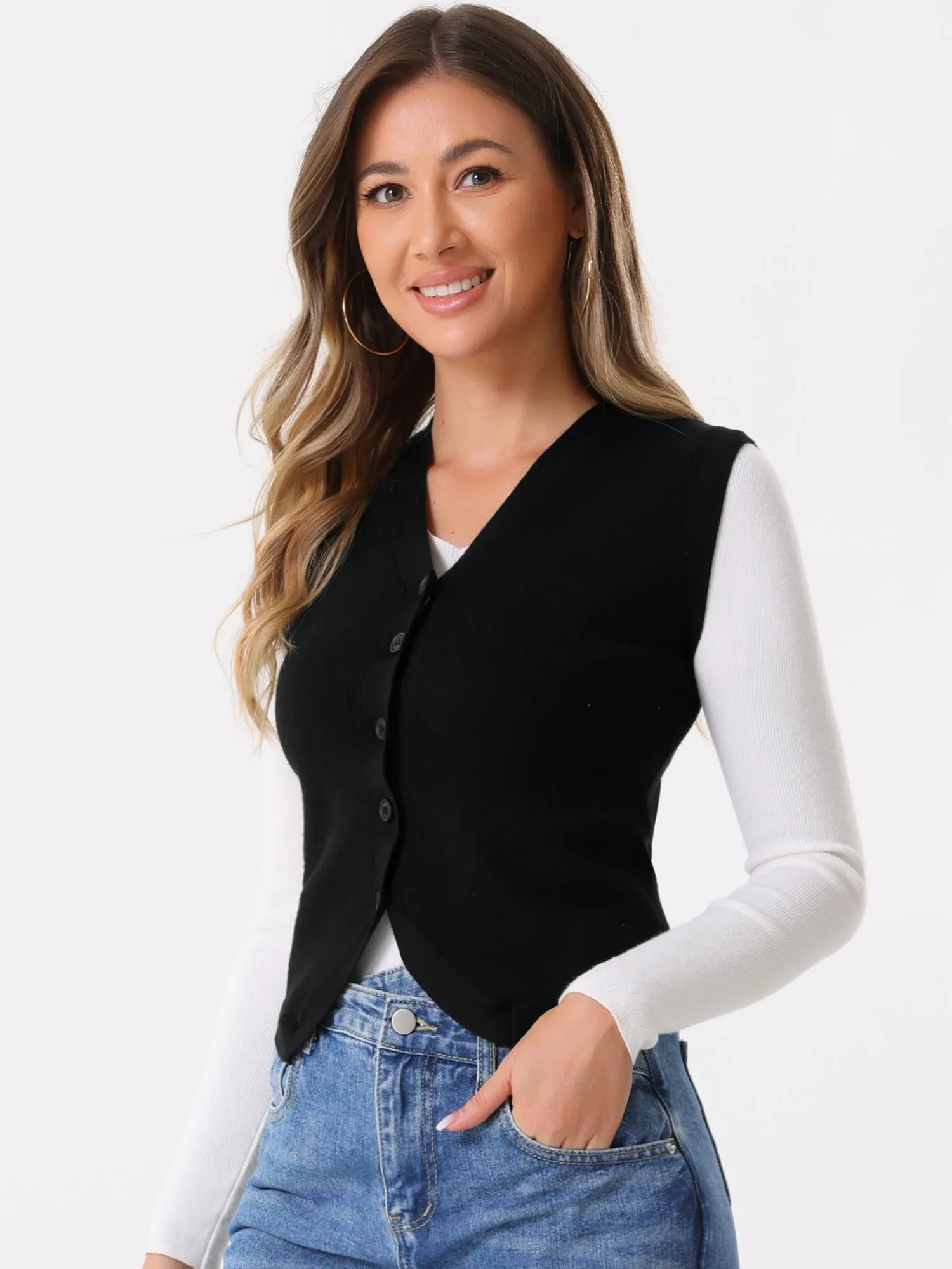 Sleeveless Button Up Casual Knitted Cropped Sweater Vest