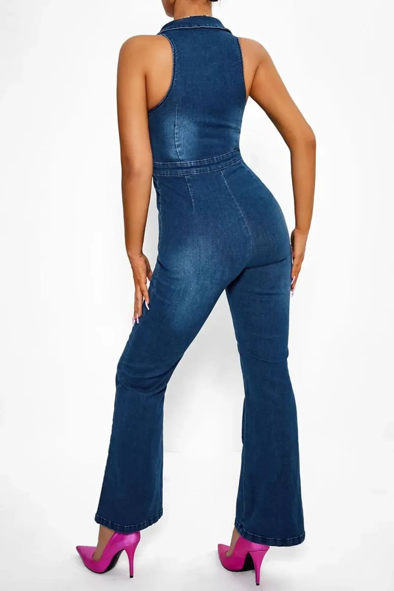 Sleeveless Flare Denim Jumpsuit