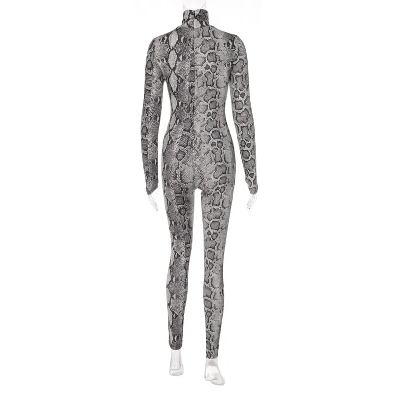 Snake Print Turtleneck Long Sleeve Zip Up Sexy Bodycon Jumpsuit Streetwear