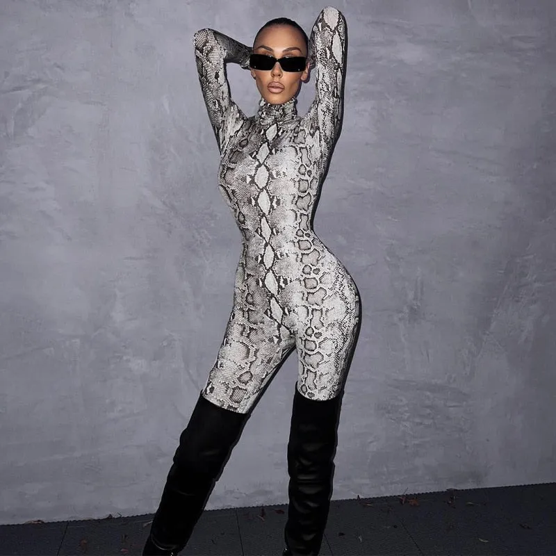 Snake Print Turtleneck Long Sleeve Zip Up Sexy Bodycon Jumpsuit Streetwear