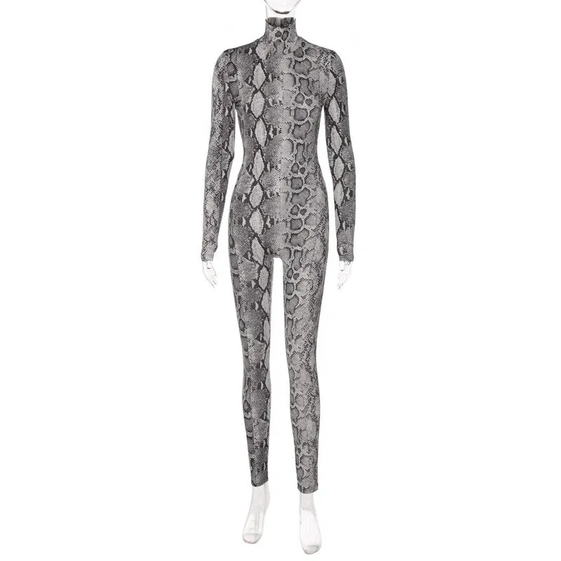 Snake Print Turtleneck Long Sleeve Zip Up Sexy Bodycon Jumpsuit Streetwear