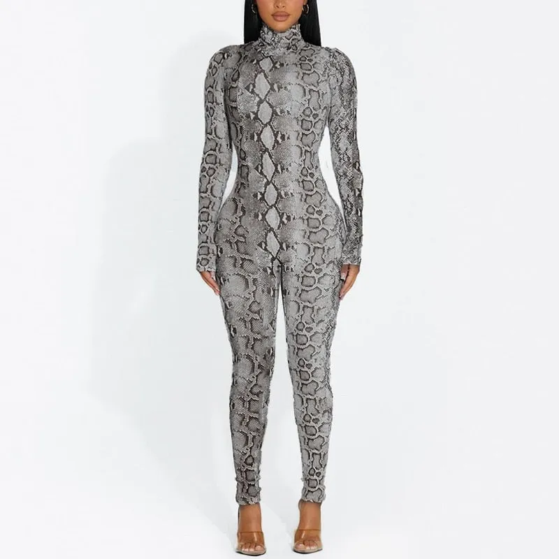 Snake Print Turtleneck Long Sleeve Zip Up Sexy Bodycon Jumpsuit Streetwear