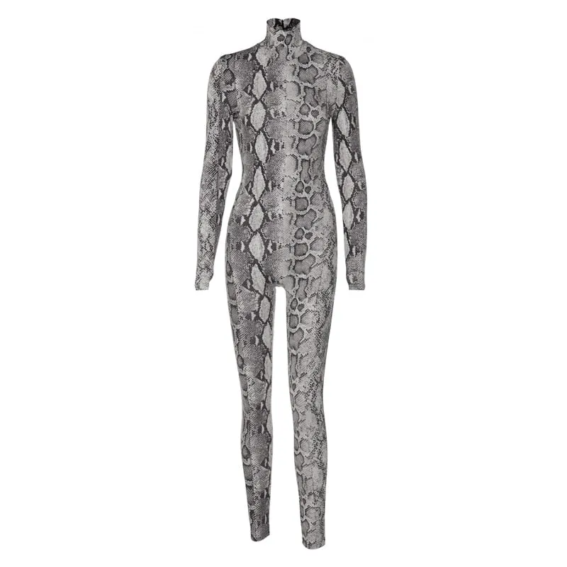 Snake Print Turtleneck Long Sleeve Zip Up Sexy Bodycon Jumpsuit Streetwear