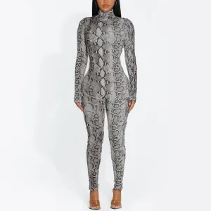 Snake Print Turtleneck Long Sleeve Zip Up Sexy Bodycon Jumpsuit Streetwear