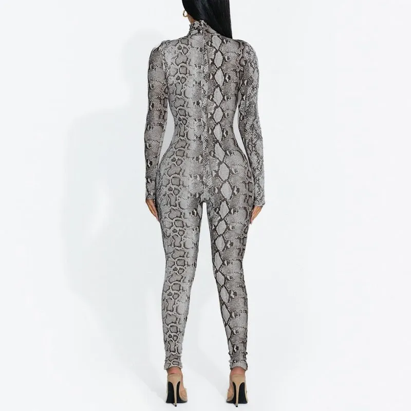 Snake Print Turtleneck Long Sleeve Zip Up Sexy Bodycon Jumpsuit Streetwear