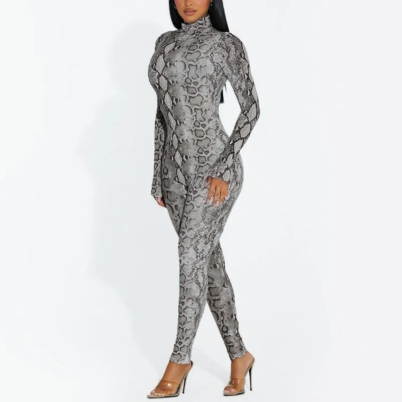 Snake Print Turtleneck Long Sleeve Zip Up Sexy Bodycon Jumpsuit Streetwear