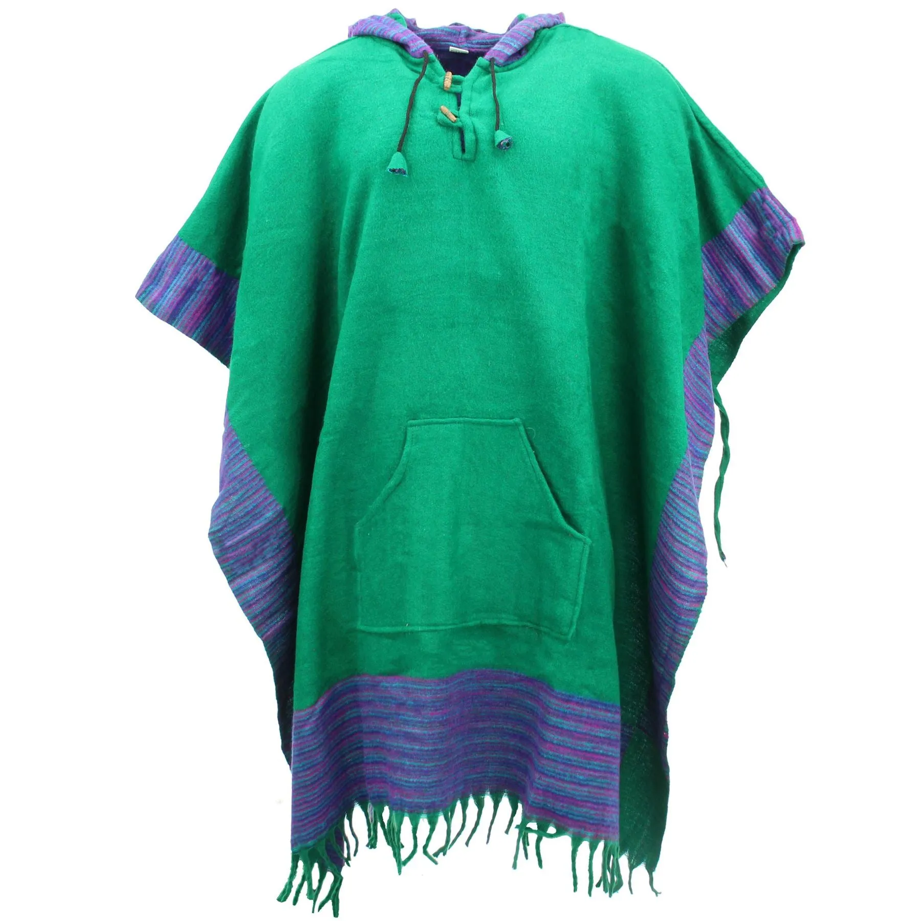 Soft Vegan Wool Hooded Tibet Poncho - Green & Purple