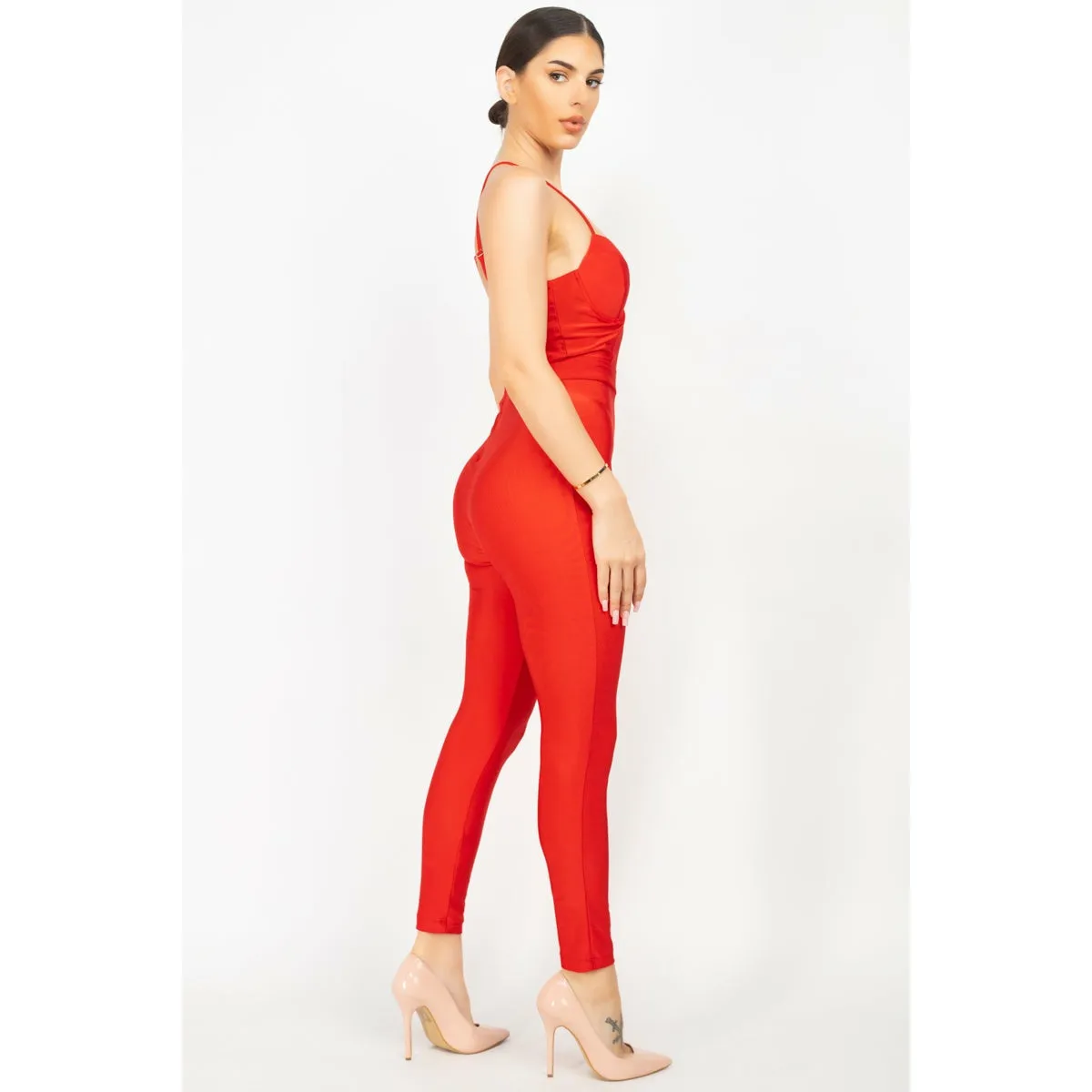 Solid Skinny Cinched Sweetheart Jumpsuit