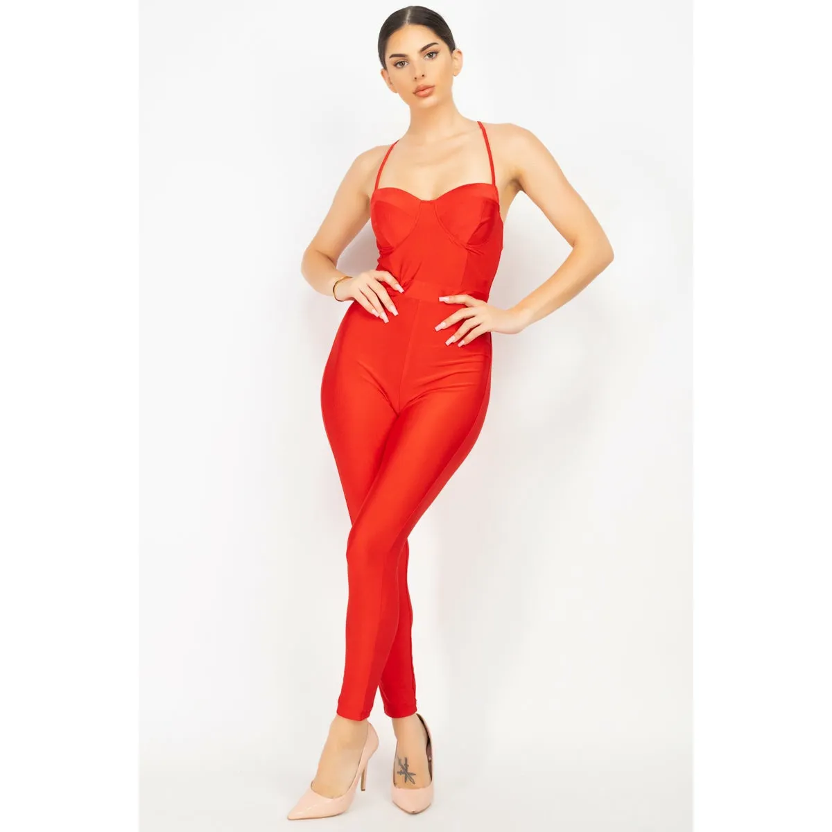 Solid Skinny Cinched Sweetheart Jumpsuit