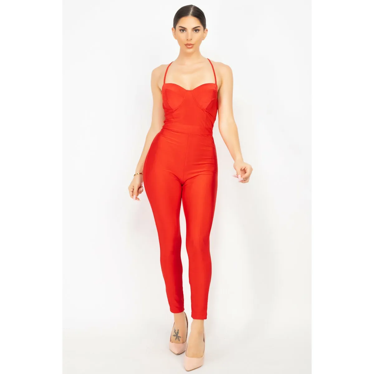 Solid Skinny Cinched Sweetheart Jumpsuit