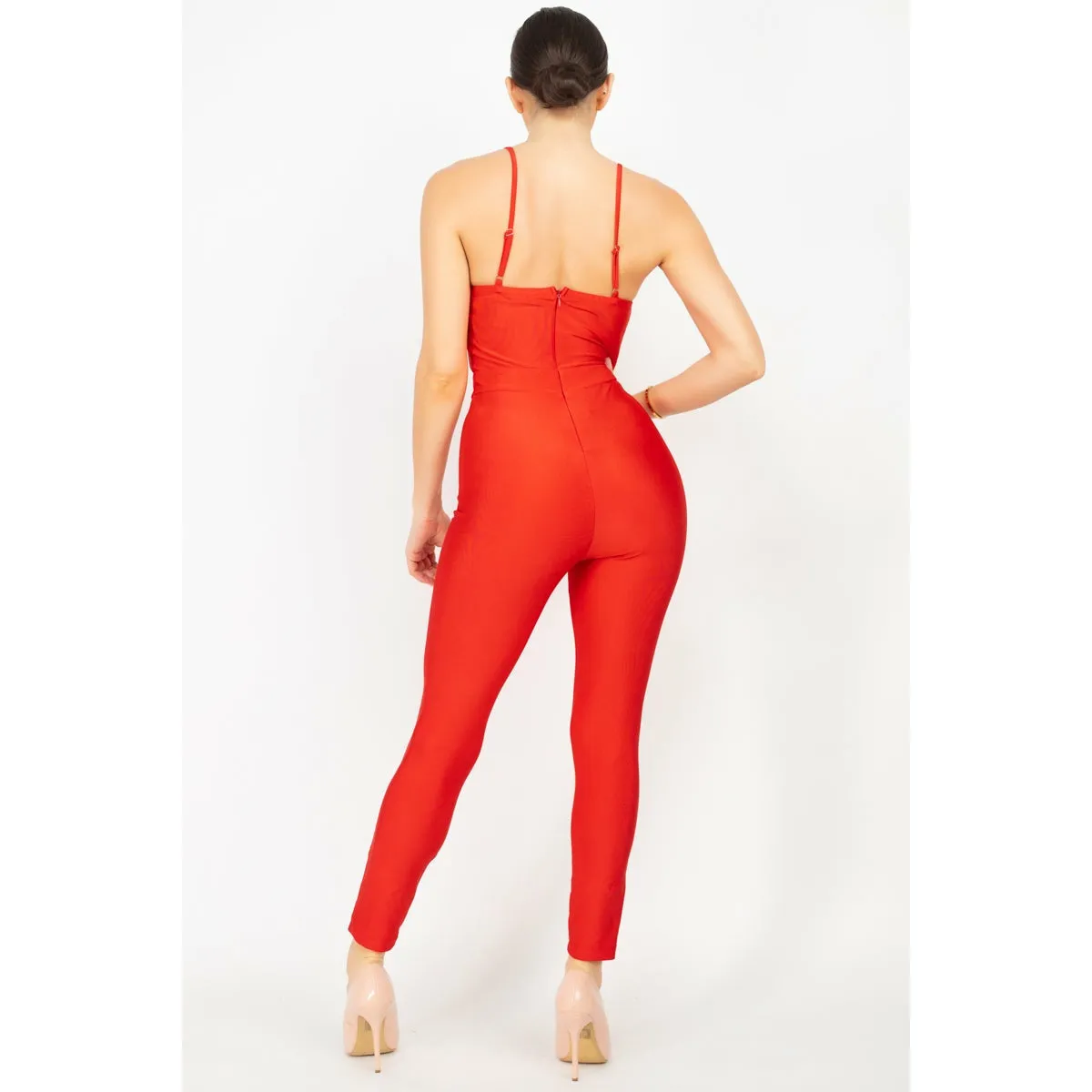 Solid Skinny Cinched Sweetheart Jumpsuit