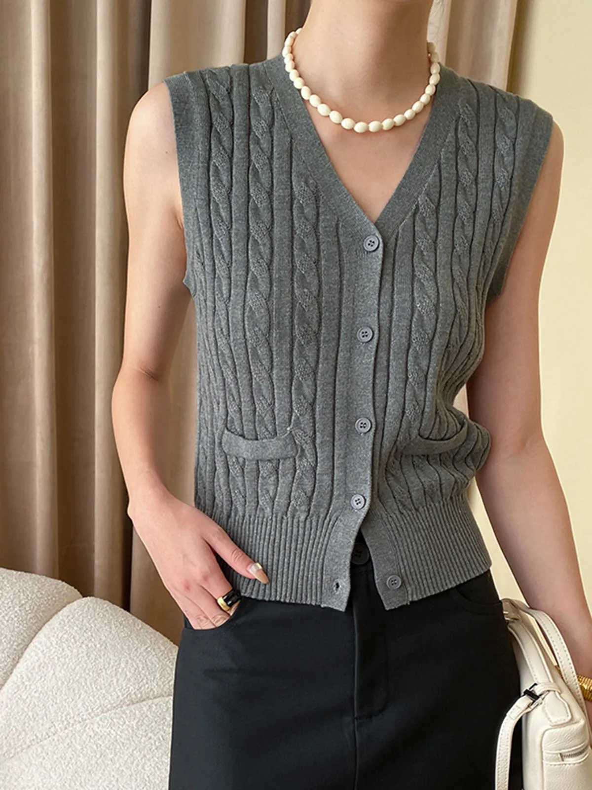 Solid V-Neck Graceful Button Knitted Vest