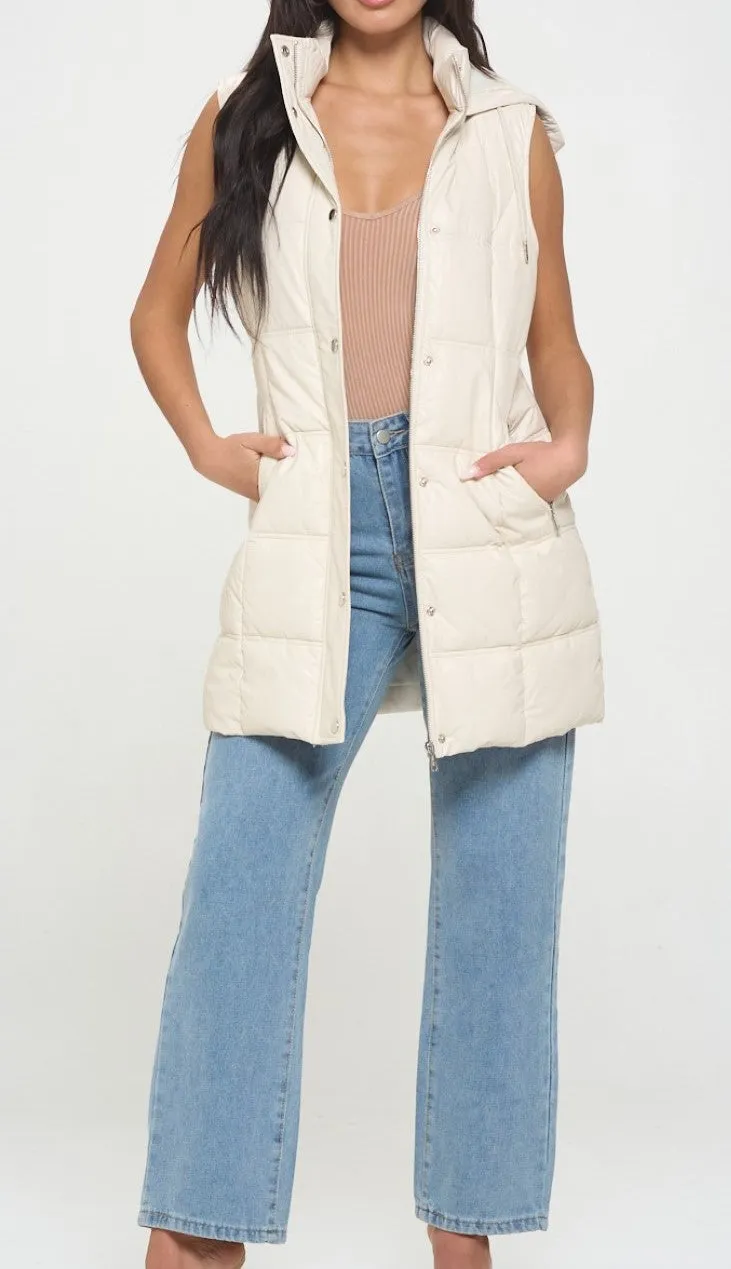 Stacey Faux Leather Long Puffer Vest- Cream