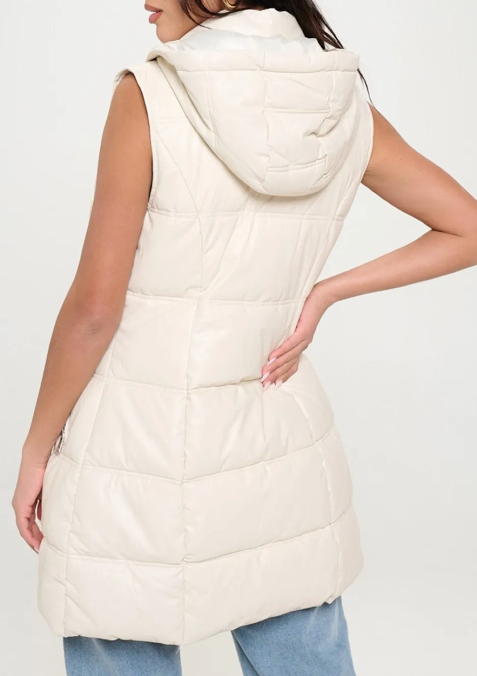 Stacey Faux Leather Long Puffer Vest- Cream