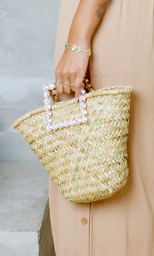 Straw Bag Rhinestone Handle - Natural