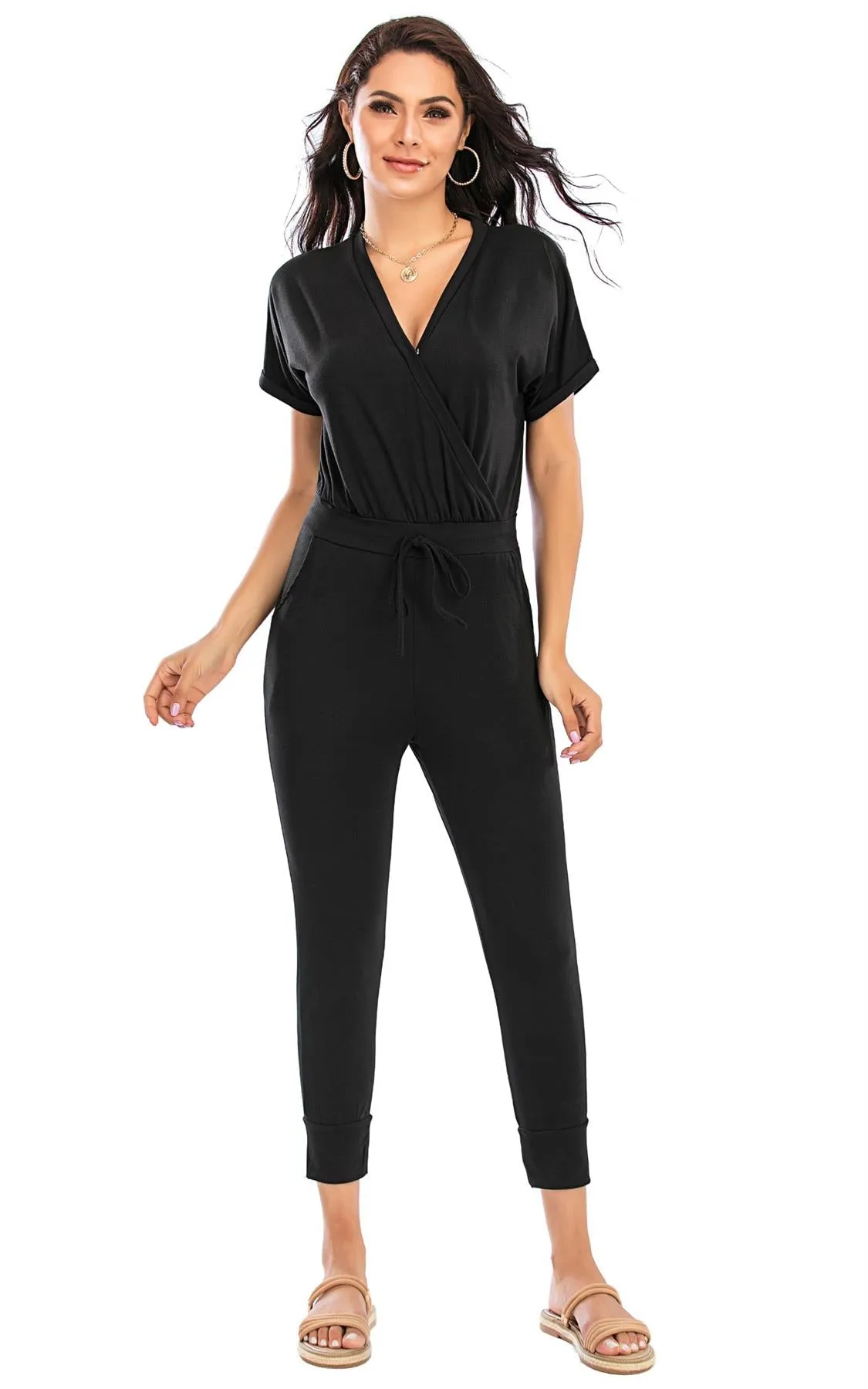 Stretch Wrap Jumpsuit With V Neck In Black