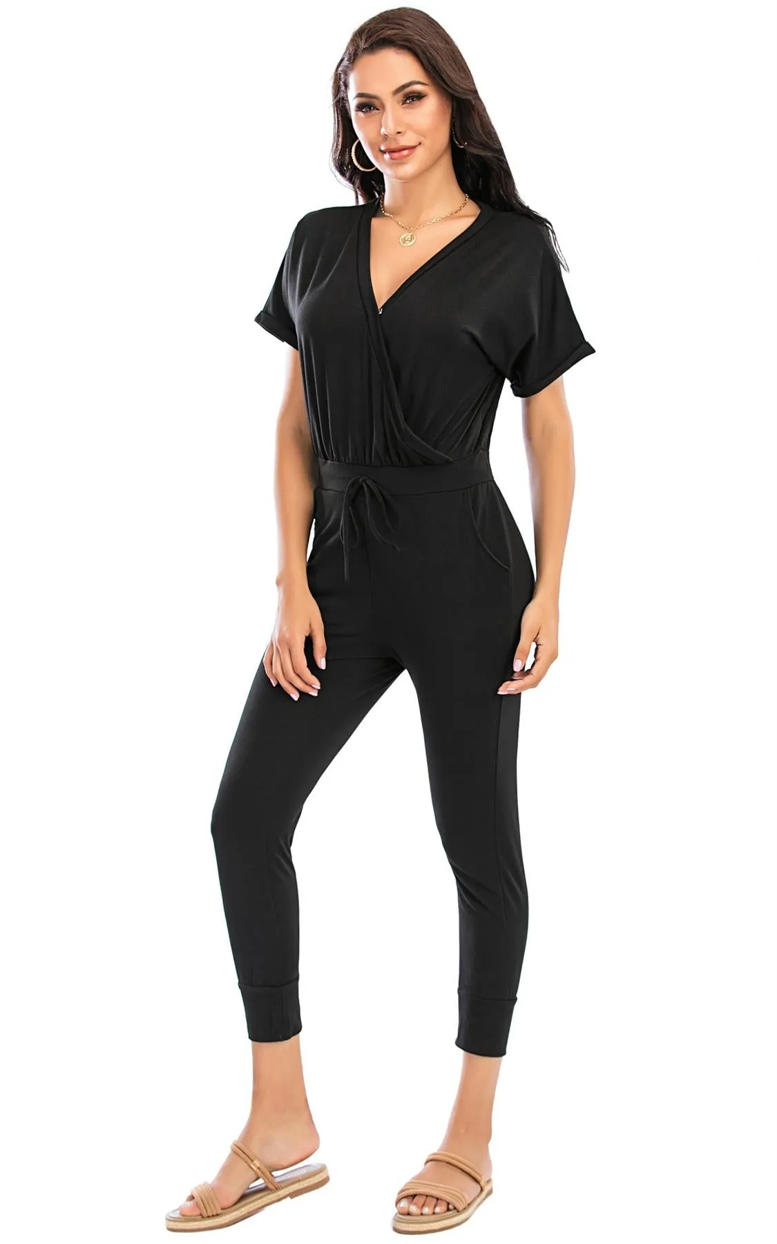 Stretch Wrap Jumpsuit With V Neck In Black