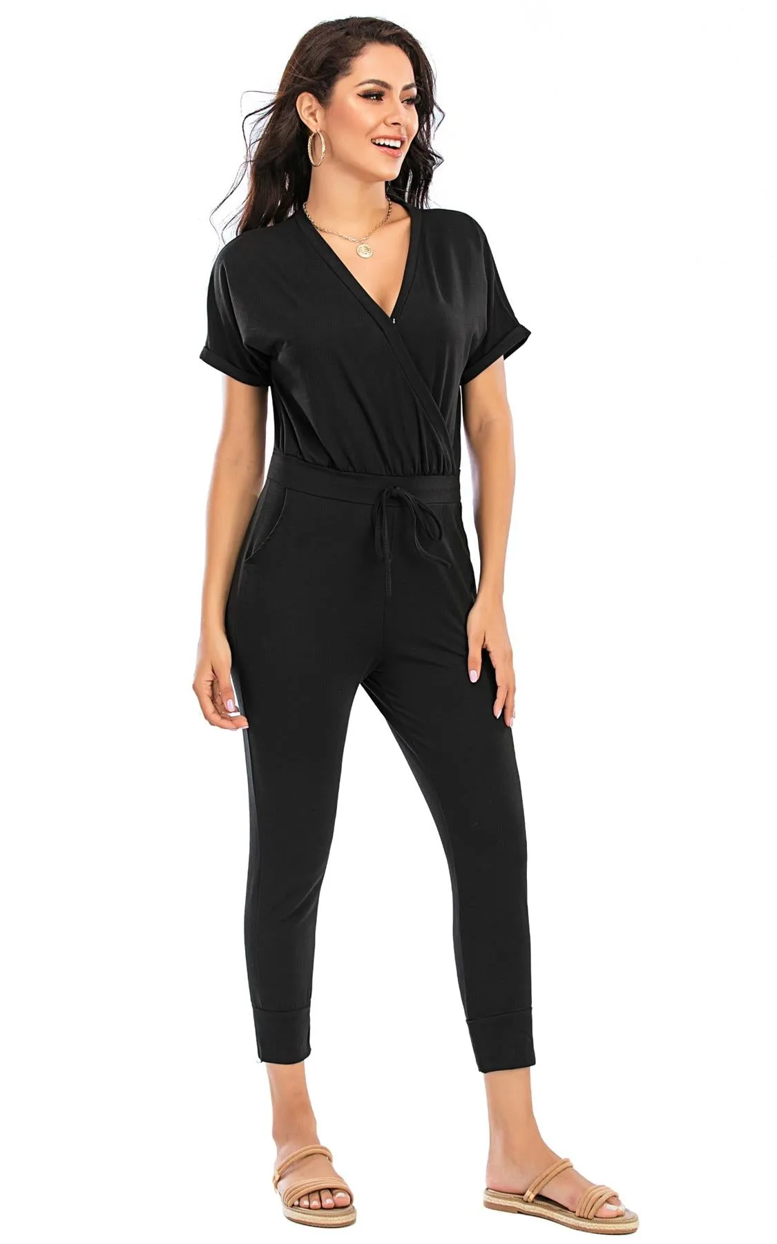 Stretch Wrap Jumpsuit With V Neck In Black