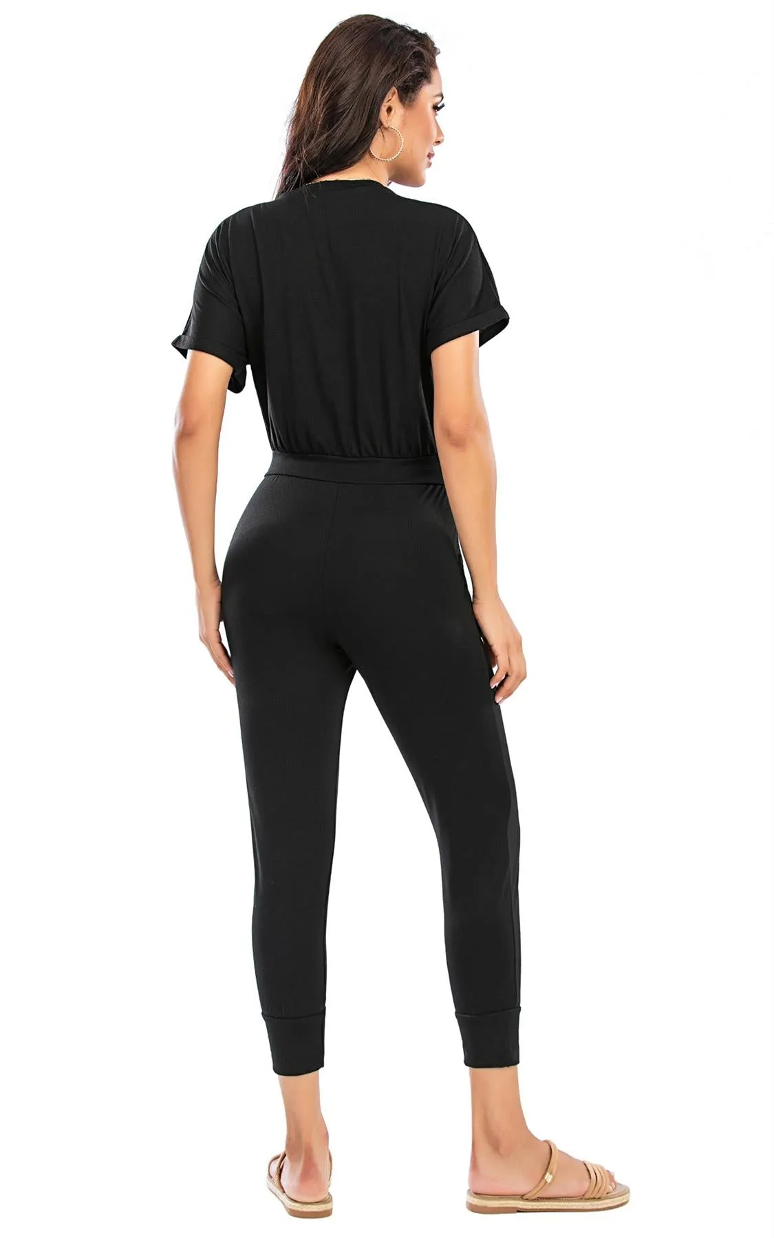 Stretch Wrap Jumpsuit With V Neck In Black