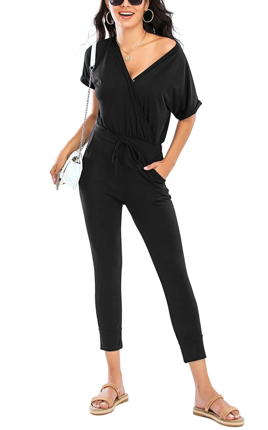 Stretch Wrap Jumpsuit With V Neck In Black