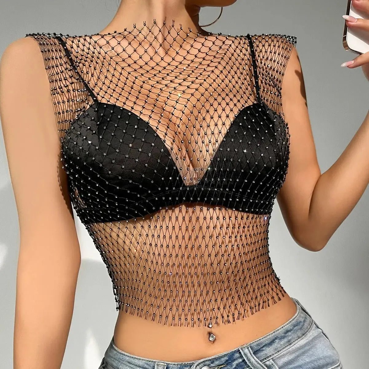 Stylish Net Drill Rhinestone Short Sleeve Vest for Women – Sparkling Fashion