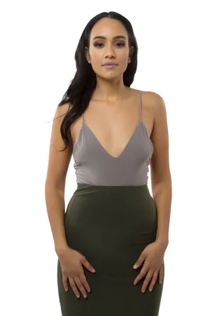 THE MYSTYLEMODE MOCHA V NECK LOW BACK DOUBLE LINED ESSENTIAL BODYSUIT