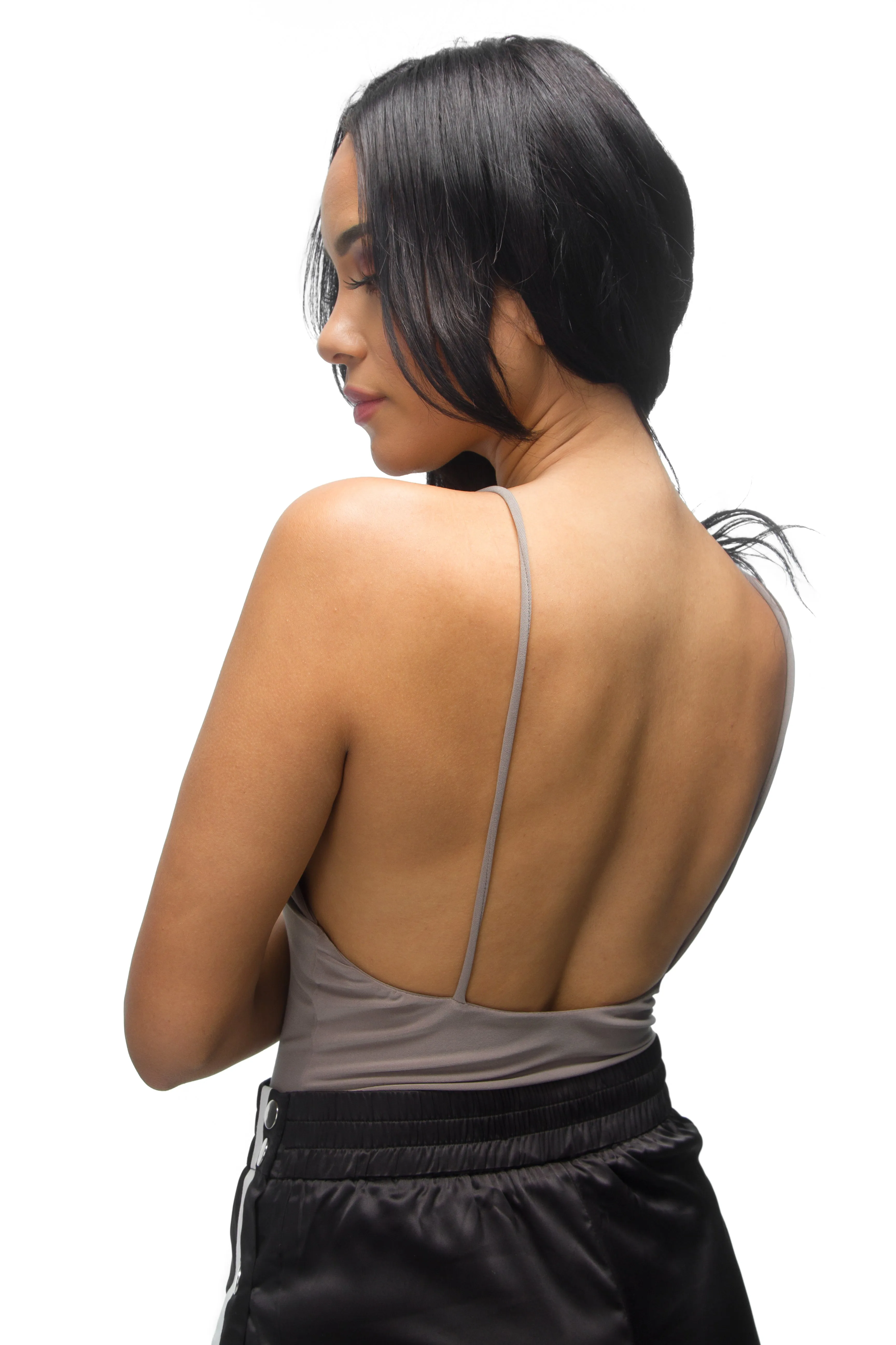 THE MYSTYLEMODE MOCHA V NECK LOW BACK DOUBLE LINED ESSENTIAL BODYSUIT