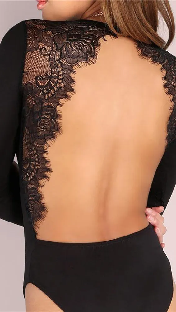 Tracy Open Back Lace Bodysuit Black