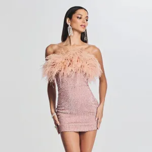 Trend4us Women's Glamorous Feather Sequin Strapless Mini Dress