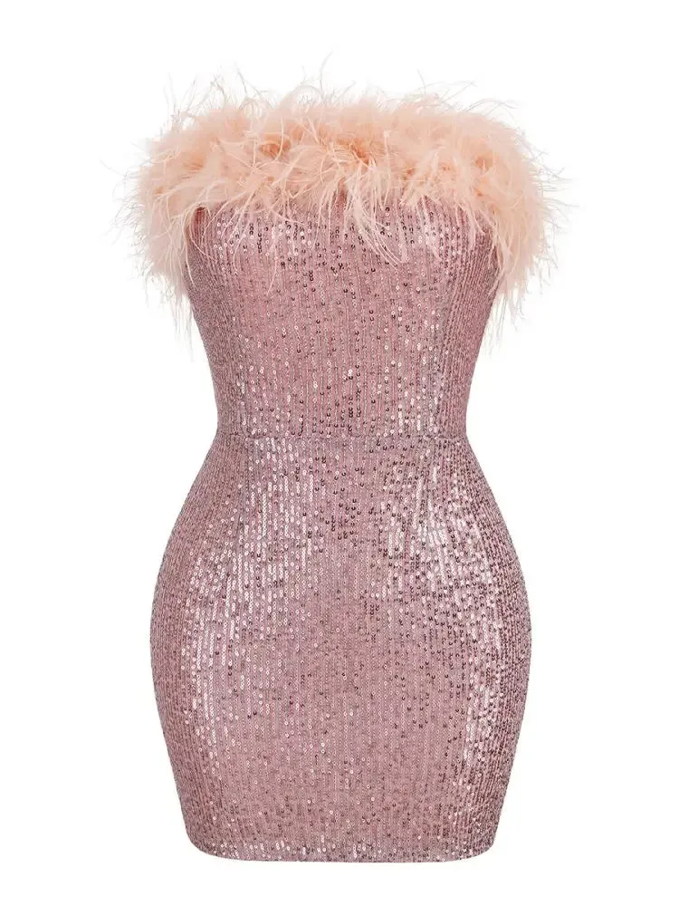 Trend4us Women's Glamorous Feather Sequin Strapless Mini Dress