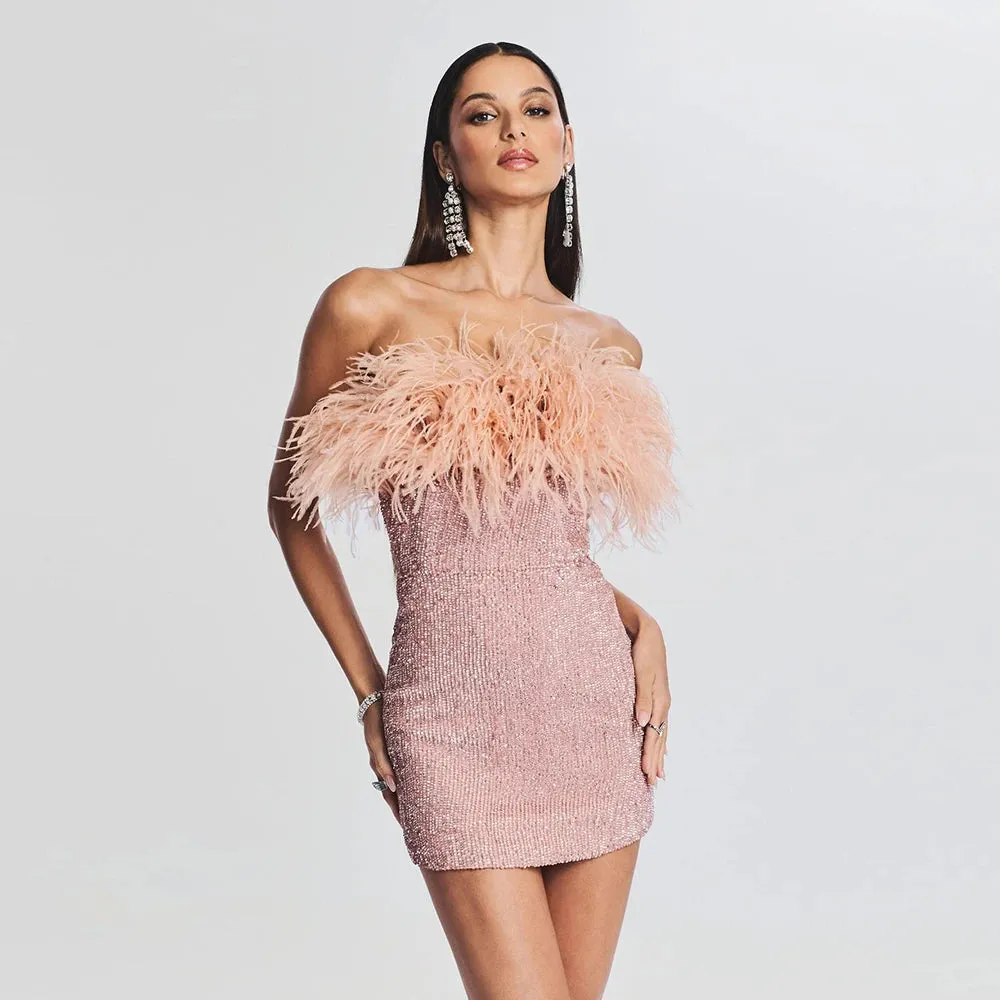 Trend4us Women's Glamorous Feather Sequin Strapless Mini Dress