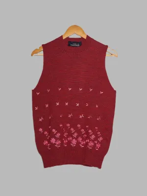 Tricot Comme des Garcons 1997 burgundy wool knit vest with floral embroidery