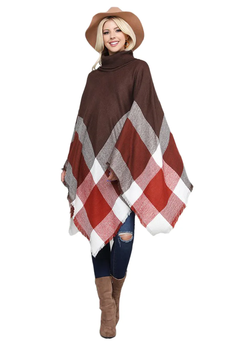 Turtleneck Fringed Hem Poncho One Size