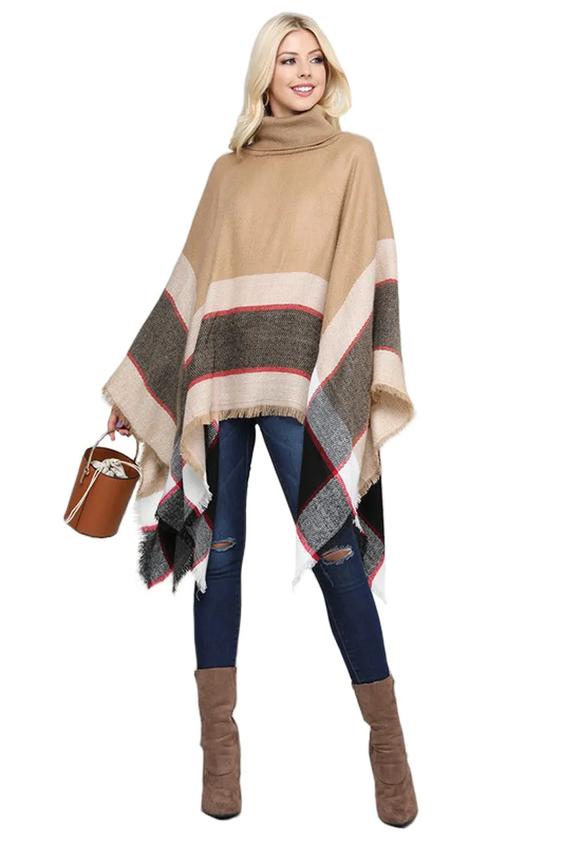 Turtleneck Fringed Hem Poncho One Size