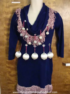 Ugly Christmas Sweater Party Dress with Ornaments and Fringe Size S